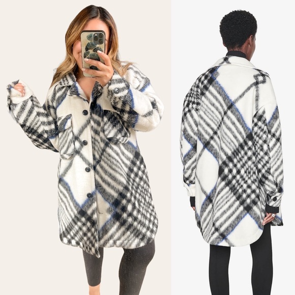 ANINE BING | NEW WITH TAGS! Oakley Oversized Jacket In Cream Tartan Plaid Medium - Picture 3 of 6